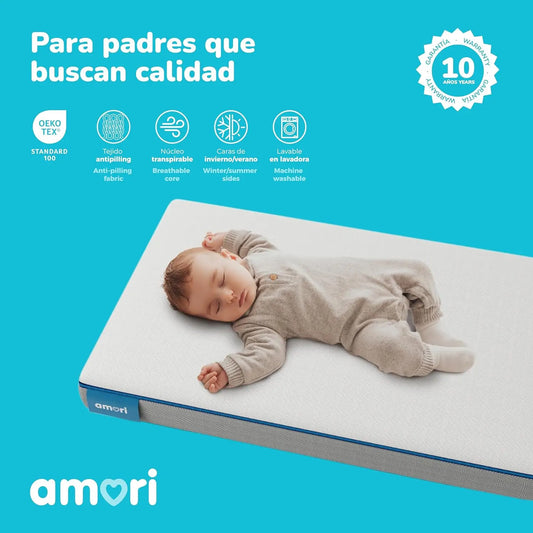 AMORI Colchón Cuna 70x140 cm Antiasfixia, Funda Extraíble, 8 cm Grosor