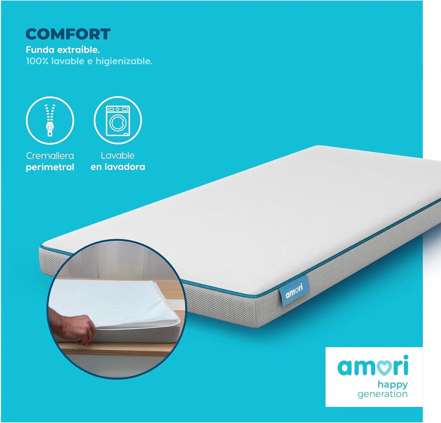 AMORI Colchón Cuna 70x140 cm Antiasfixia, Funda Extraíble, 8 cm Grosor